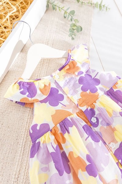 Çiçek Desenli Fiyonklu Yazlık Kız Bebek/Çocuk Elbise LİLA - 3-4 Yaş
