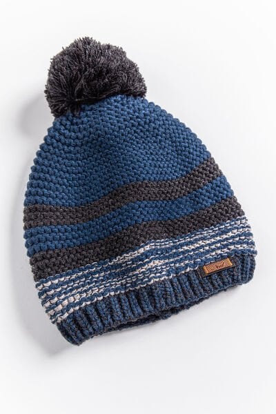 Çizgili Ponponlu 9-15 Yaş Erkek Çocuk Bere Füme - 9-15 Yaş