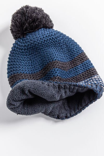 Çizgili Ponponlu 9-15 Yaş Erkek Çocuk Bere Füme - 9-15 Yaş