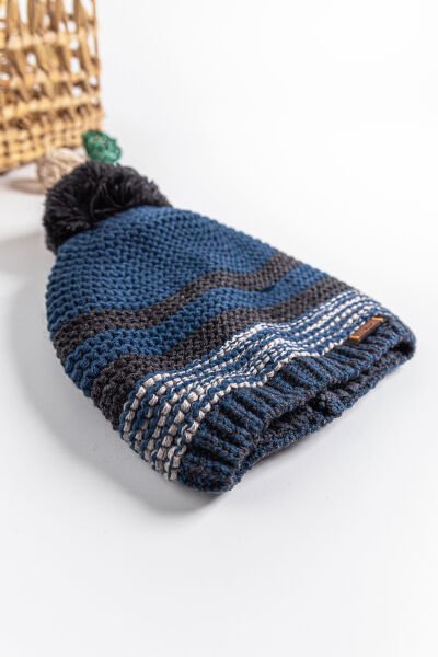 Çizgili Ponponlu 9-15 Yaş Erkek Çocuk Bere Füme - 9-15 Yaş