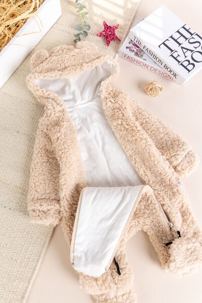 Kapüşonlu Ayıcık Figürlü Welsoft Peluş Kışlık Kız/Erkek Bebek Tulum BEJ -  9-12 AY