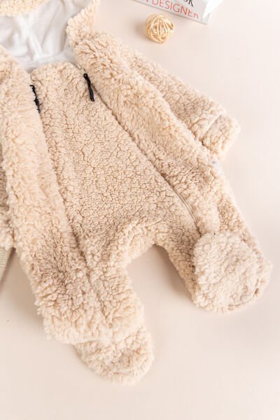 Kapüşonlu Ayıcık Figürlü Welsoft Peluş Kışlık Kız/Erkek Bebek Tulum BEJ -  9-12 AY