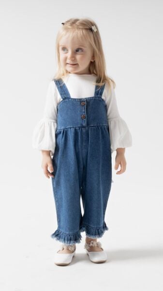 Püsküllü Palazzo Kız Bebek Çocuk Jean Salopet Tulum Lüks %100 Pamuk Likralı Ribana Balon Bluz Denim Kot Takım