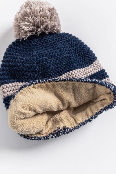 Çizgili Ponponlu 9-15 Yaş Erkek Çocuk Bere BEJ - 9-15 Yaş