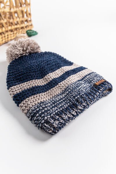 Çizgili Ponponlu 9-15 Yaş Erkek Çocuk Bere BEJ - 9-15 Yaş