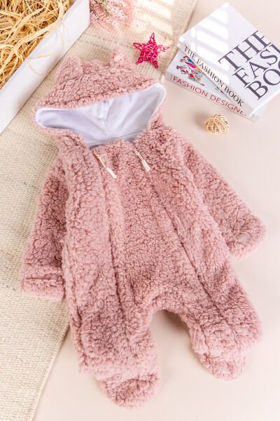 Kapüşonlu Ayıcık Figürlü Welsoft Peluş Kışlık Kız/Erkek Bebek Tulum Gül kurusu -  0-3 AY