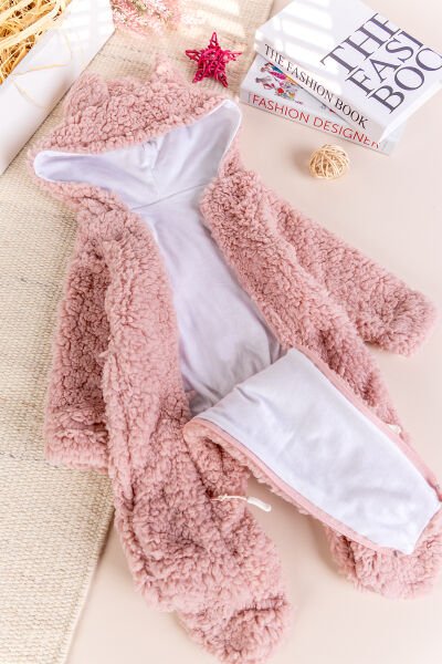 Kapüşonlu Ayıcık Figürlü Welsoft Peluş Kışlık Kız/Erkek Bebek Tulum Gül kurusu -  0-3 AY