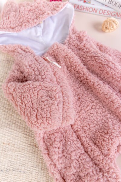 Kapüşonlu Ayıcık Figürlü Welsoft Peluş Kışlık Kız/Erkek Bebek Tulum Gül kurusu -  0-3 AY