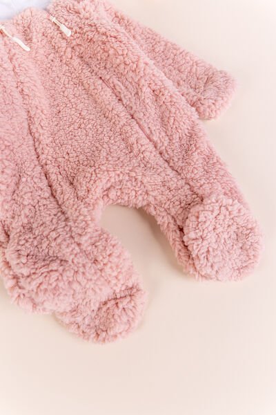 Kapüşonlu Ayıcık Figürlü Welsoft Peluş Kışlık Kız/Erkek Bebek Tulum Gül kurusu -  0-3 AY