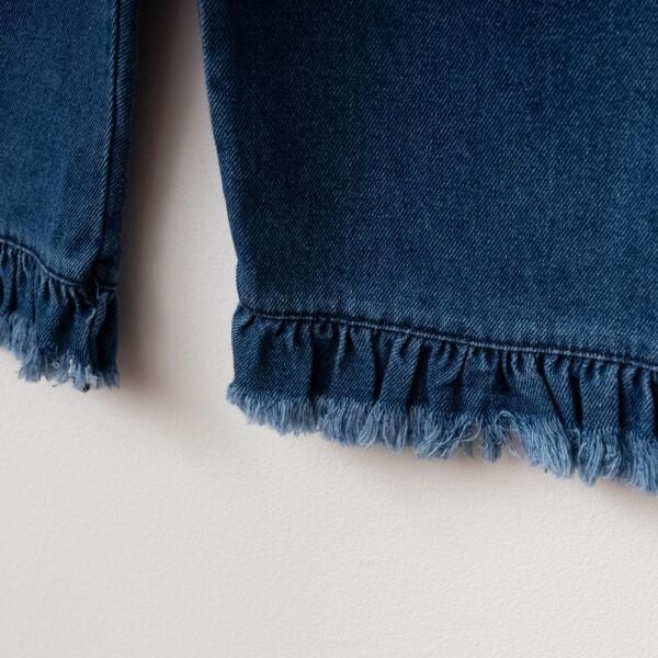 Püsküllü Palazzo Kız Bebek Çocuk Jean Salopet Tulum Lüks %100 Pamuk Likralı Ribana Balon Bluz Denim Kot Takım LACİVERT -  9-12 AY