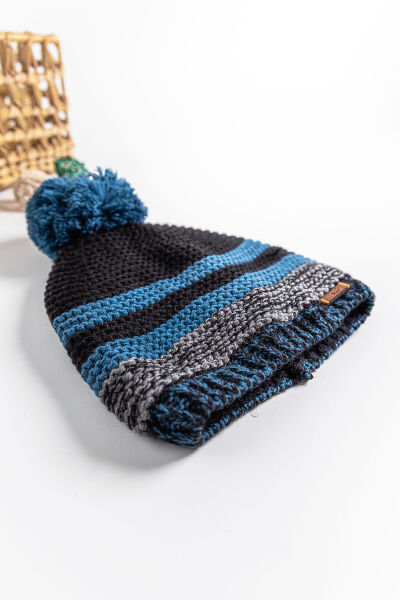 Çizgili Ponponlu 9-15 Yaş Erkek Çocuk Bere MAVİ - 9-15 Yaş