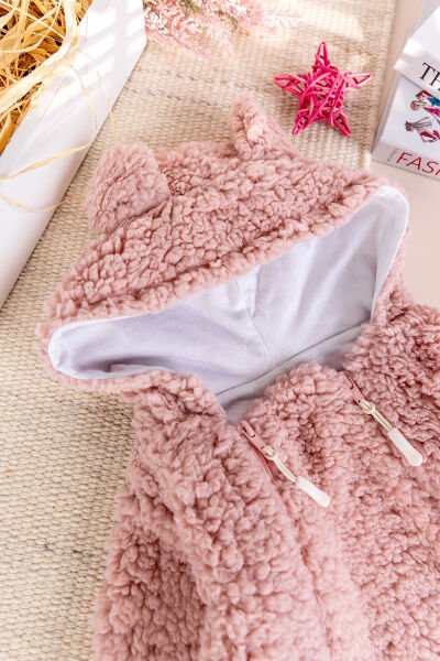 Kapüşonlu Ayıcık Figürlü Welsoft Peluş Kışlık Kız/Erkek Bebek Tulum Gül kurusu - 3-6 AY