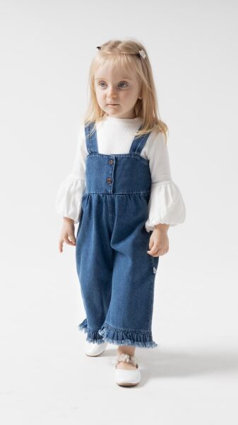 Püsküllü Palazzo Kız Bebek Çocuk Jean Salopet Tulum Lüks %100 Pamuk Likralı Ribana Balon Bluz Denim Kot Takım LACİVERT -  12-18 AY