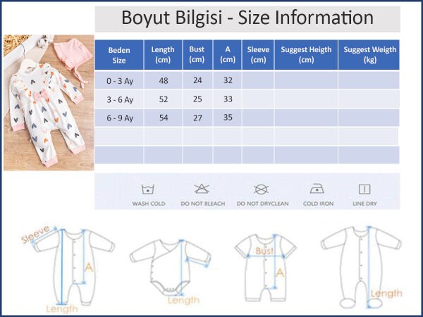 Kalp Desenli Fırfırlı Şapkalı Kız Bebek Tulum SOMON - 3-6 AY