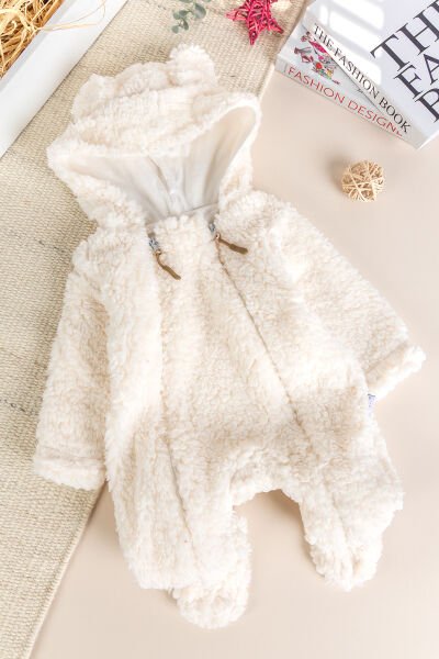 Kapüşonlu Ayıcık Figürlü Welsoft Peluş Kışlık Kız/Erkek Bebek Tulum KREM - 3-6 AY