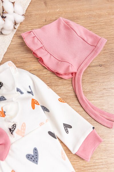 Kalp Desenli Fırfırlı Şapkalı Kız Bebek Tulum Gül kurusu -  6-9 AY