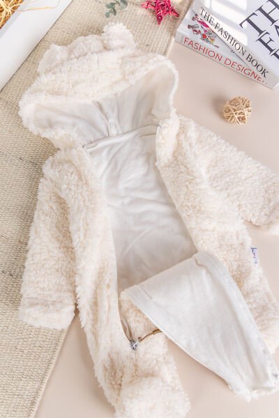 Kapüşonlu Ayıcık Figürlü Welsoft Peluş Kışlık Kız/Erkek Bebek Tulum KREM -  6-9 AY