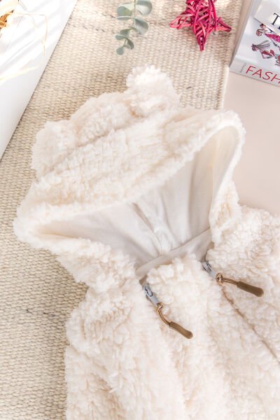 Kapüşonlu Ayıcık Figürlü Welsoft Peluş Kışlık Kız/Erkek Bebek Tulum KREM -  9-12 AY