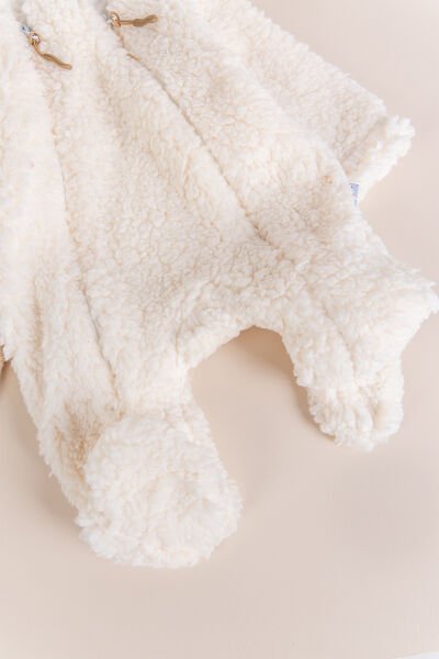 Kapüşonlu Ayıcık Figürlü Welsoft Peluş Kışlık Kız/Erkek Bebek Tulum KREM -  0-3 AY