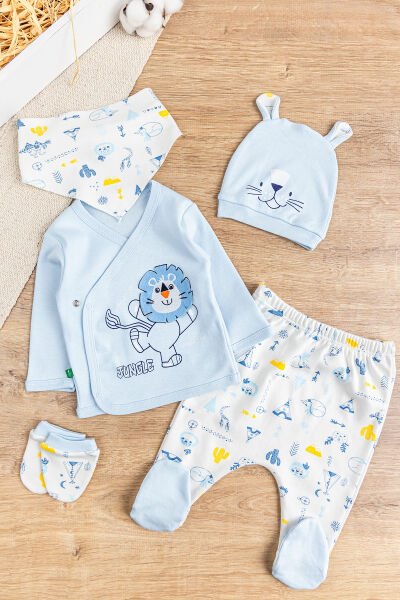 Aslan Figürlü Pamuklu 5 Parça Erkek Bebek Hastane Çıkışı Bebek Takımı MAVİ -  0-3 AY