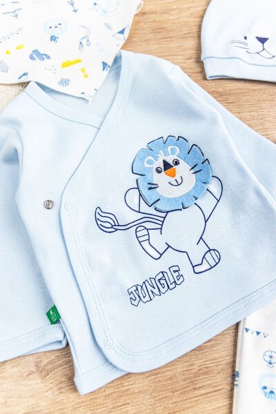 Aslan Figürlü Pamuklu 5 Parça Erkek Bebek Hastane Çıkışı Bebek Takımı MAVİ -  0-3 AY