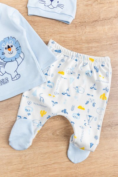 Aslan Figürlü Pamuklu 5 Parça Erkek Bebek Hastane Çıkışı Bebek Takımı MAVİ -  0-3 AY