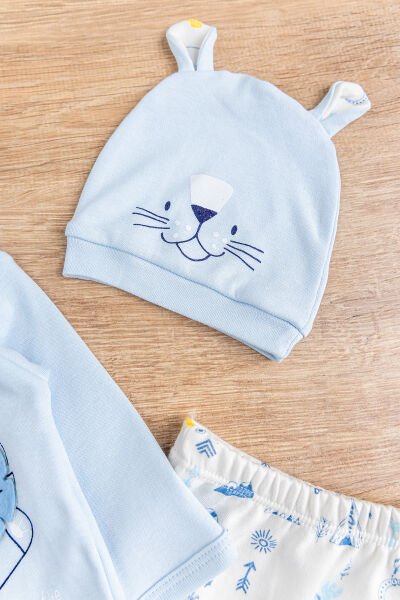 Aslan Figürlü Pamuklu 5 Parça Erkek Bebek Hastane Çıkışı Bebek Takımı MAVİ -  0-3 AY