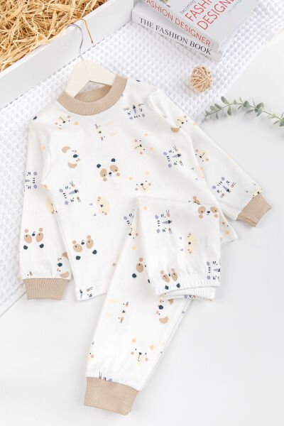 Fiğürlü %100 Pamuk Kız Erkek Bebek Çocuk Pijama Takımı KREM - 3 Yaş