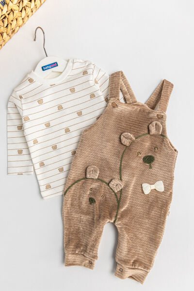 Ayıcık Figürlü Kadife Erkek Bebek Salopet Tulum Takım