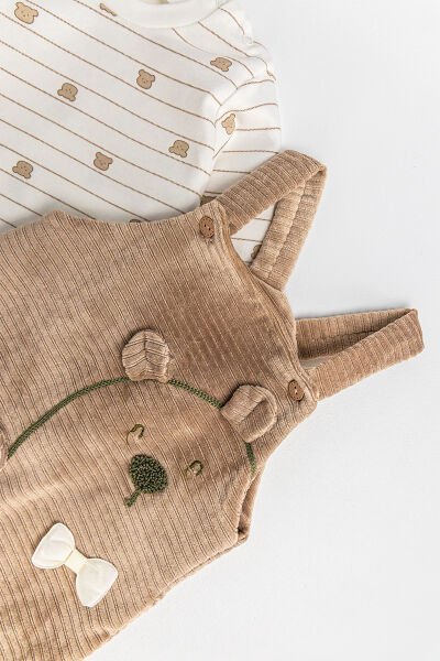 Ayıcık Figürlü Kadife Erkek Bebek Salopet Tulum Takım