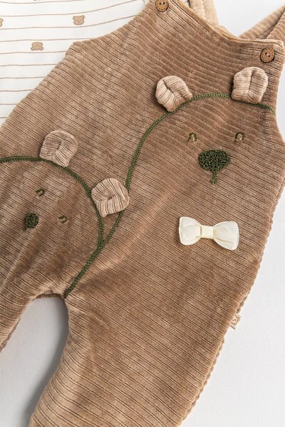 Ayıcık Figürlü Kadife Erkek Bebek Salopet Tulum Takım