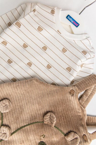 Ayıcık Figürlü Kadife Erkek Bebek Salopet Tulum Takım