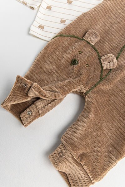 Ayıcık Figürlü Kadife Erkek Bebek Salopet Tulum Takım