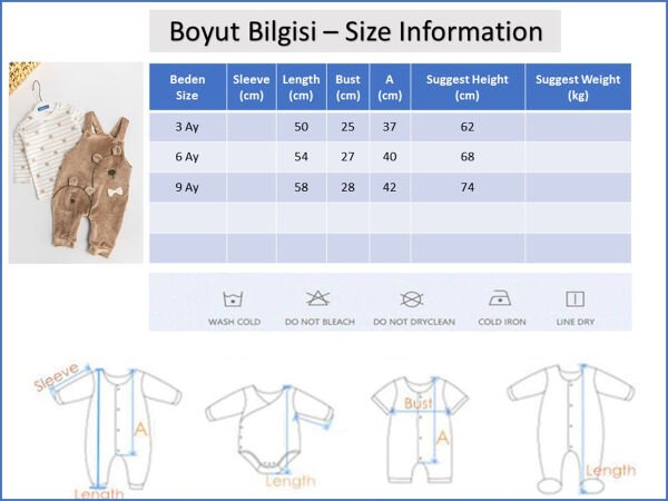 Ayıcık Figürlü Kadife Erkek Bebek Salopet Tulum Takım