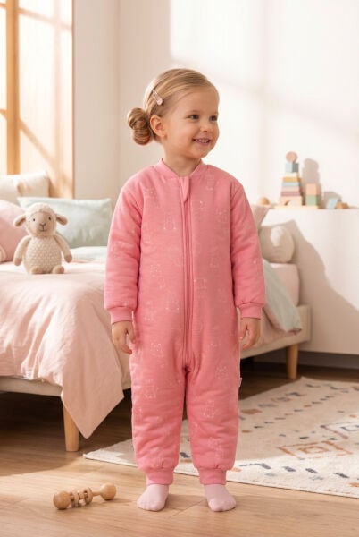 Elyaf Dolgulu 2.5 Tog %100 Pamuk Penye Astarlı Premium Kalite Kız Çocuk Uyku Tulumu Pembe