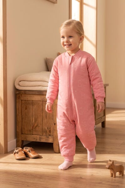 Elyaf Dolgulu 2.5 Tog %100 Pamuk Penye Astarlı Premium Kalite Kız Çocuk Uyku Tulumu Pembe