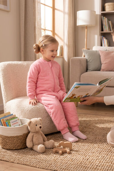 Elyaf Dolgulu 2.5 Tog %100 Pamuk Penye Astarlı Premium Kalite Kız Çocuk Uyku Tulumu Pembe