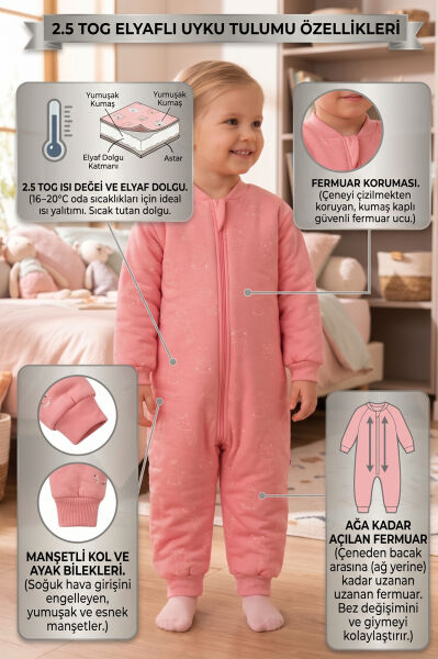 Elyaf Dolgulu 2.5 Tog %100 Pamuk Penye Astarlı Premium Kalite Kız Çocuk Uyku Tulumu Pembe