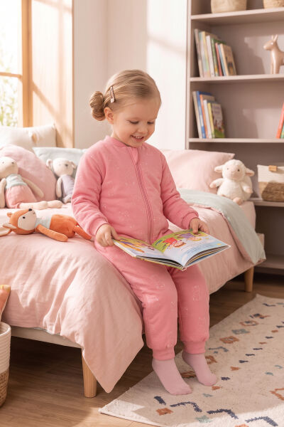 Elyaf Dolgulu 2.5 Tog %100 Pamuk Penye Astarlı Premium Kalite Kız Çocuk Uyku Tulumu Pembe