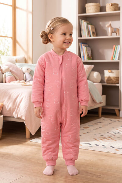 Elyaf Dolgulu 2.5 Tog %100 Pamuk Penye Astarlı Premium Kalite Kız Çocuk Uyku Tulumu Pembe