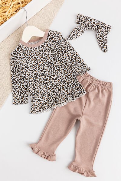 Leopar Desenli Bandanalı 3'lü Kız Bebek Takım Bebek Alt Üst Takım