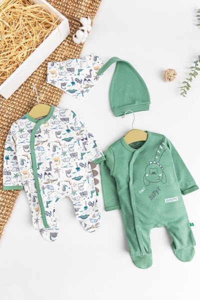 Dino Figürlü 2'li Uzun Kollu Kız/Erkek Bebek Tulum Takım