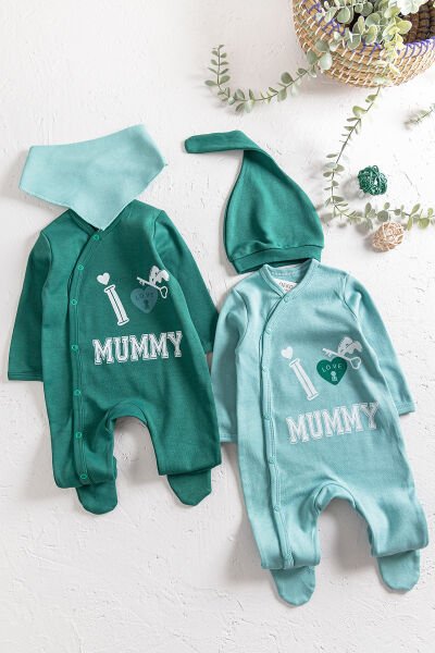 I Love Mummy Baskılı 2'li Uzun Kollu Kız/Erkek Bebek Tulum Takım SU YEŞİLİ -  0-3 AY
