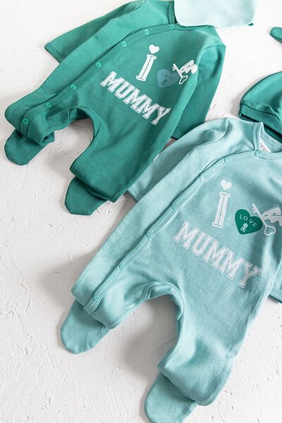 I Love Mummy Baskılı 2'li Uzun Kollu Kız/Erkek Bebek Tulum Takım SU YEŞİLİ -  0-3 AY