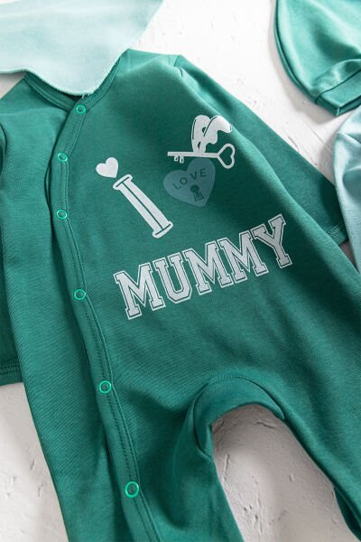 I Love Mummy Baskılı 2'li Uzun Kollu Kız/Erkek Bebek Tulum Takım SU YEŞİLİ -  0-3 AY