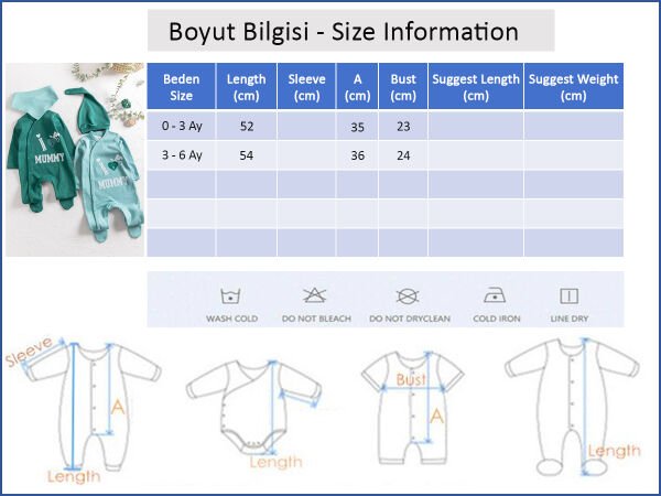 I Love Mummy Baskılı 2'li Uzun Kollu Kız/Erkek Bebek Tulum Takım SU YEŞİLİ -  0-3 AY