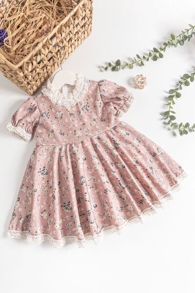 Vintage Model Güpürlü Kısa Kollu Kız Çocuk Elbise PEMBE - 1 Yaş