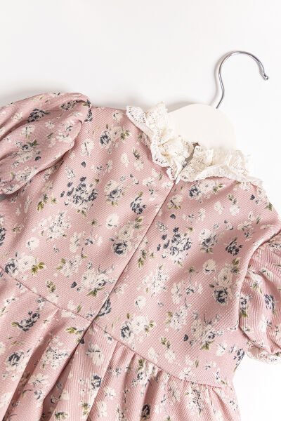 Vintage Model Güpürlü Kısa Kollu Kız Çocuk Elbise PEMBE - 1 Yaş