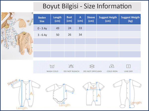 Dino Figürlü 2'li Uzun Kollu Kız/Erkek Bebek Tulum Takım BEJ -  0-3 AY