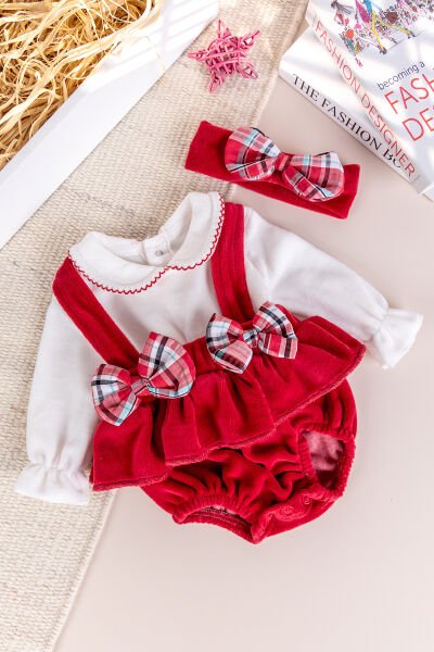 Fiyonklu Bandanalı Kadife Kız Bebek Tulum Salopet Bebek Elbise